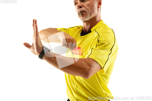 Image of Football referee showing a red card to a displeased player isolated on white background