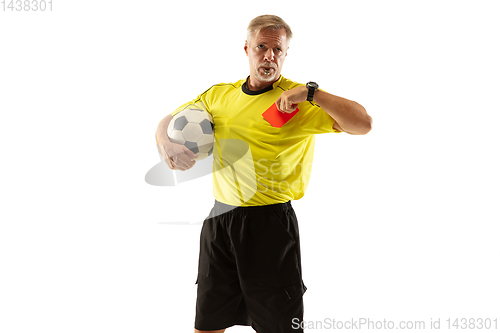 Image of Football referee showing a red card to a displeased player isolated on white background