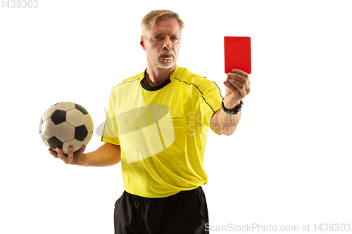 Image of Football referee showing a red card to a displeased player isolated on white background