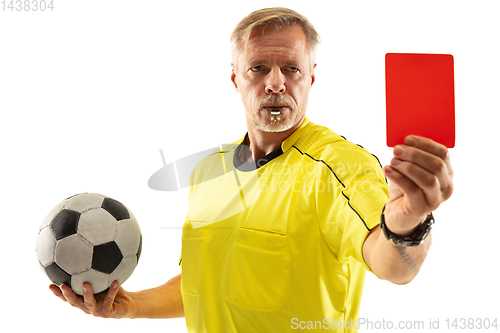 Image of Football referee showing a red card to a displeased player isolated on white background