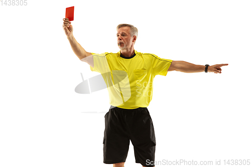 Image of Football referee showing a red card to a displeased player isolated on white background