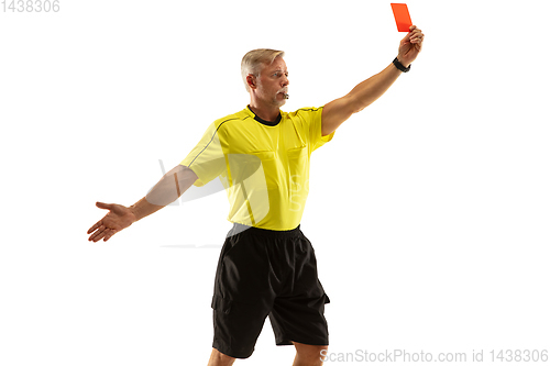 Image of Football referee showing a red card to a displeased player isolated on white background