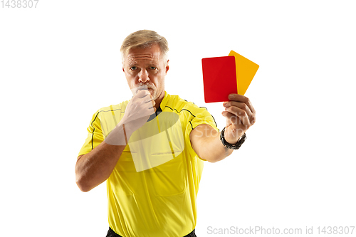 Image of Football referee showing a red card to a displeased player isolated on white background