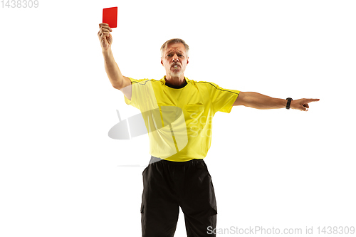 Image of Football referee showing a red card to a displeased player isolated on white background