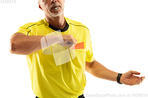 Image of Football referee showing a red card to a displeased player isolated on white background