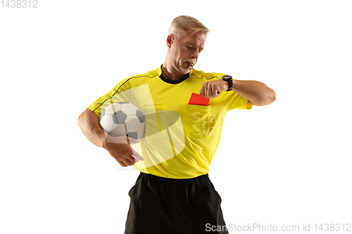 Image of Football referee showing a red card to a displeased player isolated on white background