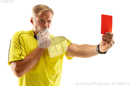 Image of Football referee showing a red card to a displeased player isolated on white background