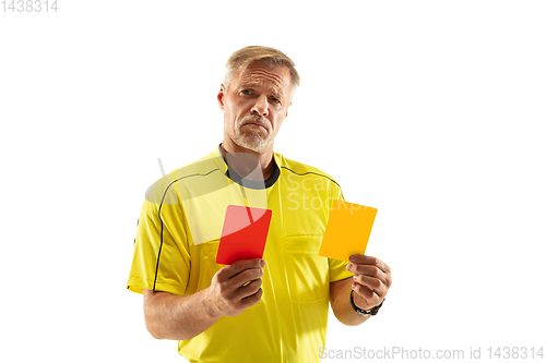 Image of Football referee showing a red card to a displeased player isolated on white background