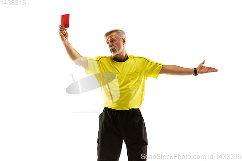 Image of Football referee showing a red card to a displeased player isolated on white background