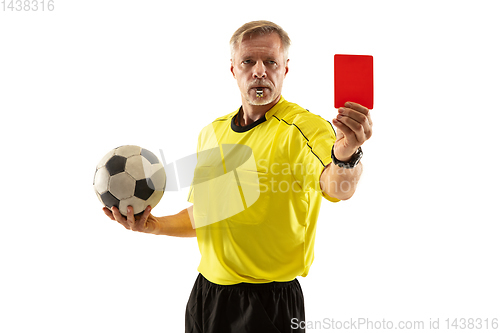 Image of Football referee showing a red card to a displeased player isolated on white background