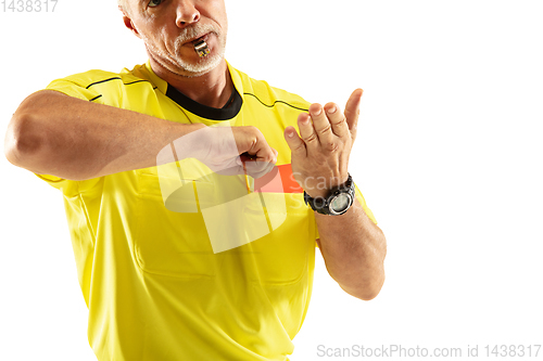 Image of Football referee showing a red card to a displeased player isolated on white background