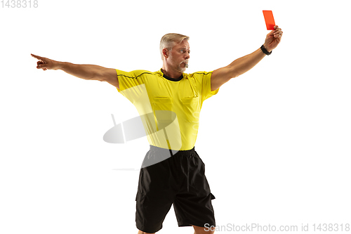 Image of Football referee showing a red card to a displeased player isolated on white background