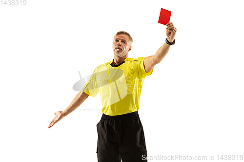 Image of Football referee showing a red card to a displeased player isolated on white background