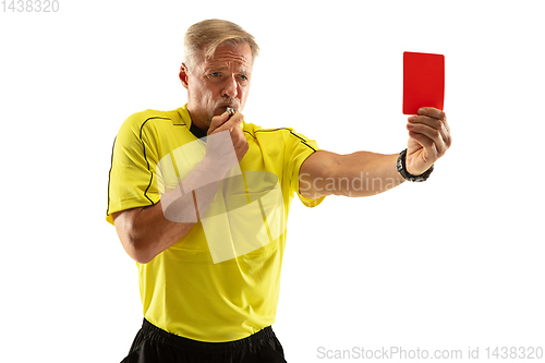 Image of Football referee showing a red card to a displeased player isolated on white background