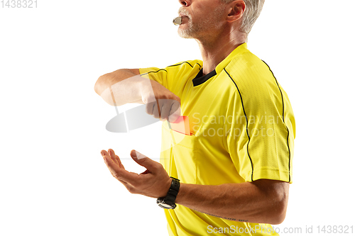 Image of Football referee showing a red card to a displeased player isolated on white background