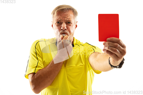 Image of Football referee showing a red card to a displeased player isolated on white background