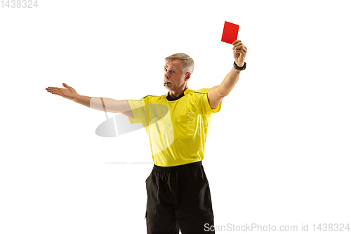 Image of Football referee showing a red card to a displeased player isolated on white background