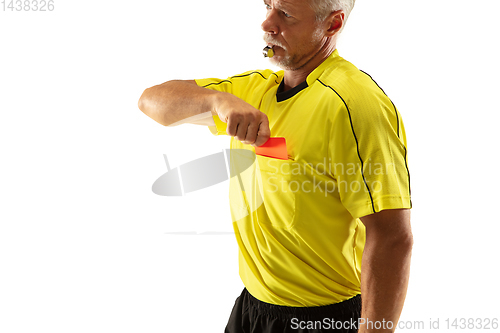 Image of Football referee showing a red card to a displeased player isolated on white background