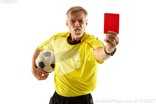 Image of Football referee showing a red card to a displeased player isolated on white background