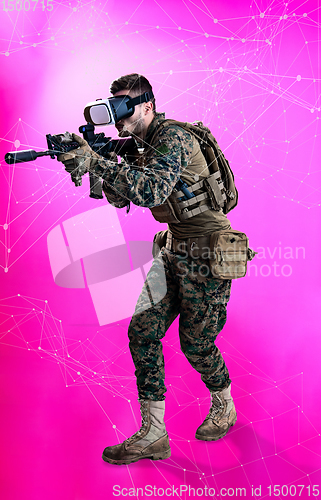 Image of soldier using  virtual reality headset