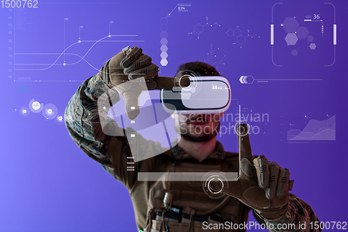 Image of soldier using  virtual reality headset purple background