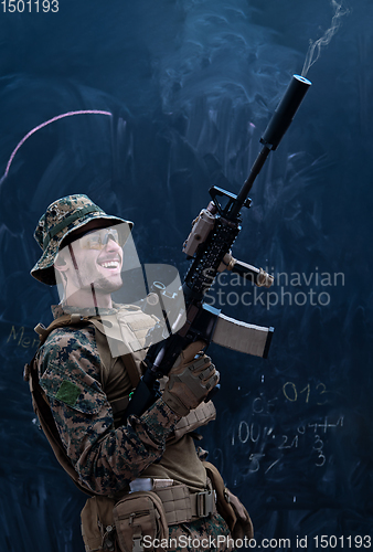 Image of soldier firing into the air in front of black chalkboard