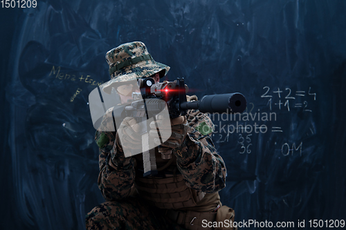 Image of soldier in action aiming laseer sight optics