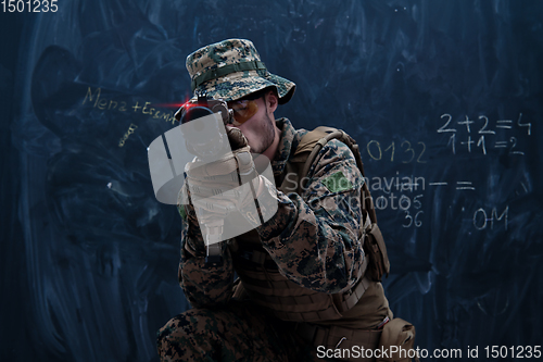 Image of soldier in action aiming laseer sight optics