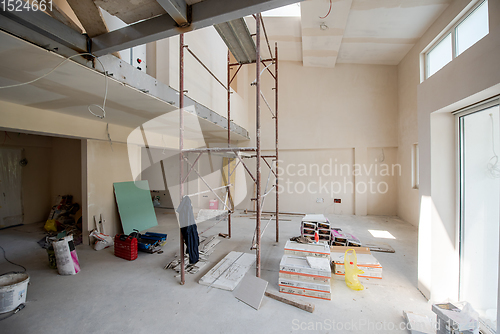 Image of interior of construction site with scaffolding