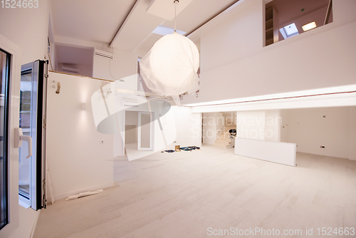 Image of Interior of empty stylish modern open space two level apartment