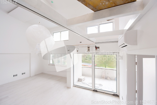 Image of Interior of empty stylish modern open space two level apartment