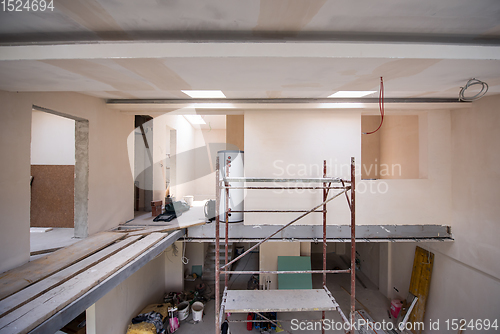 Image of interior of construction site with scaffolding