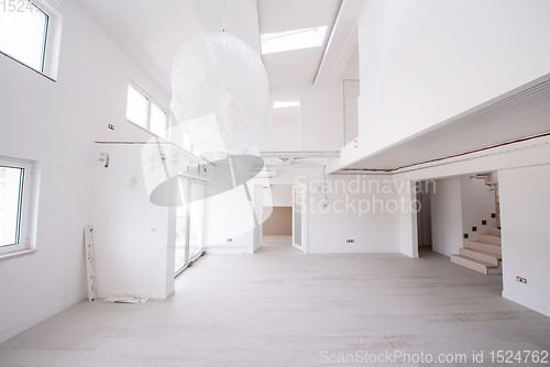 Image of Interior of empty stylish modern open space two level apartment