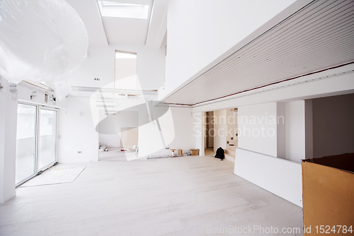 Image of Interior of empty stylish modern open space two level apartment