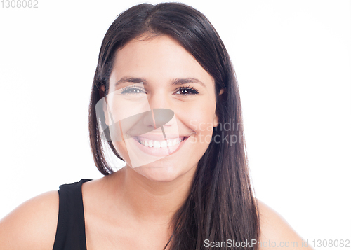 Image of Beautiful smiling woman with clean skin, natural make-up, and wh