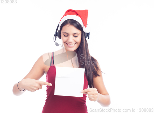 Image of Christmas phone operator woman showing blank signboard