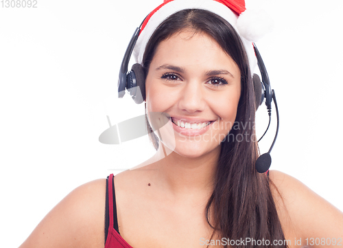 Image of Christmas headset woman from telemarketing call center wearing r