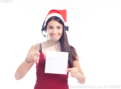 Image of Christmas phone operator woman showing blank signboard
