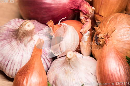 Image of garlic onion shallot parsley on a wooden board