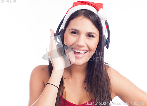 Image of Christmas headset woman from telemarketing call center wearing r