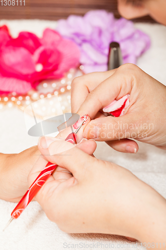 Image of The esthetician decorates with flowers the nails of the hands of