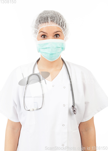 Image of young woman doctor with stethoscope and mask