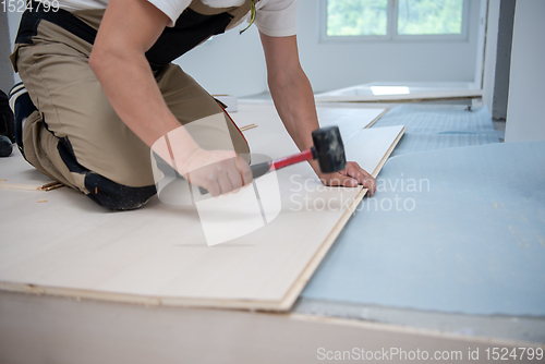 Image of Professional Worker Installing New Laminated Wooden Floor