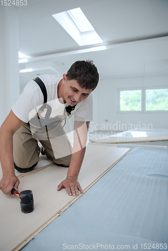 Image of Professional Worker Installing New Laminated Wooden Floor