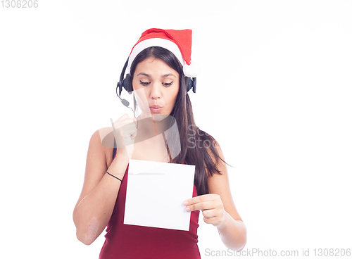 Image of Christmas phone operator woman showing blank signboard