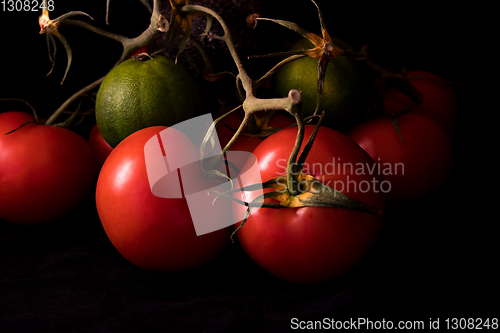 Image of big red and ripe tomatoes in an old basket on black background