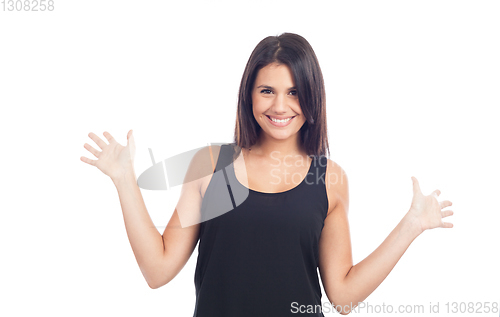 Image of beautiful happy young woman in black dress and hands in the air