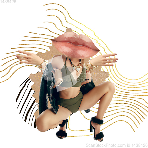 Image of Creative fashion collage with beautiful young woman