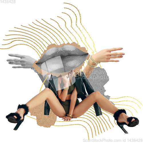 Image of Creative fashion collage with beautiful young woman