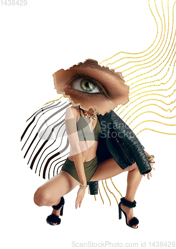 Image of Creative fashion collage with beautiful young woman